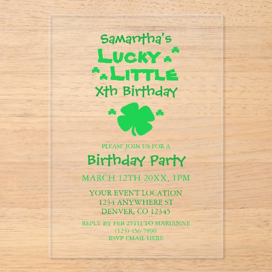 Lucky Little Birthday Acryl Uitnodigingen (Voorkant)
