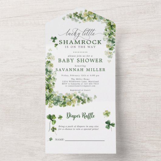 Lucky Little Shamrock Baby shower Luier Raffle All In One Uitnodiging (Binnen)