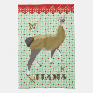 Lucky Llama & Butterfly Retro  keukenhanddoeken