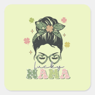 Lucky Mama - Messy Bun - Clover St. Patrick's Vierkante Sticker