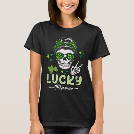 Lucky Mama St Patricks Day Mom Messy Bun Skull Iri T-shirt (Voorkant)