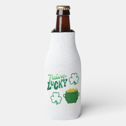 Lucky met een pot goud op een flesjeskoeler (Fles Voorkant)