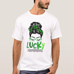 Lucky Mommom Leopard Play Messy Bun Irish St Patr T-shirt