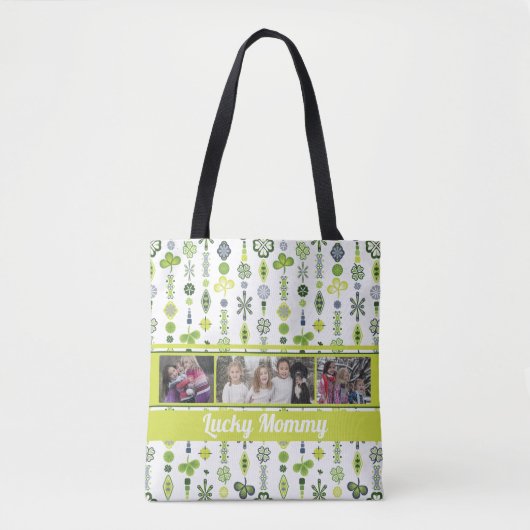 "Lucky Mommy" Shamrock Klaver Patroon Foto Tote Bag (Voorkant)