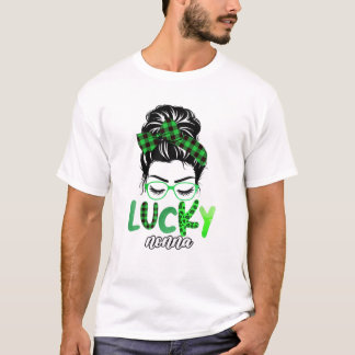 Lucky Nonna Leopard Play Messy Bun Irish St Patri T-shirt