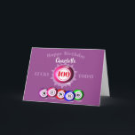 Lucky Number Bingo Thleed Birthday Card Kaart<br><div class="desc">Gewoon het ding voor iedereen die een bingo fanaticus is, dit leuke verjaardagscolletje met kleurrijke bingballetjes die het woord "BINGO" uitschrijven. Hier getoond als een gelukkige verjaardag op de leeftijd van 100 maar voel vrij om de berichtleeftijd, de naam en het versum binnen te veranderen; om aan uw behoeften te...</div>