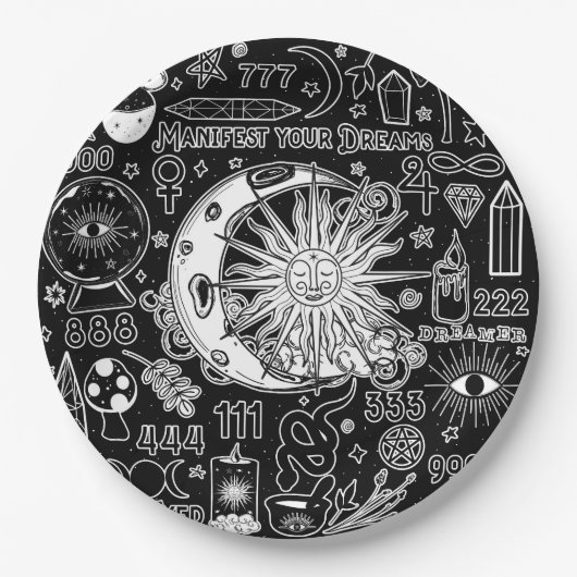 Lucky Numerology Manifesteren Magic Zwart & Wit Papieren Bordje (Voorkant)