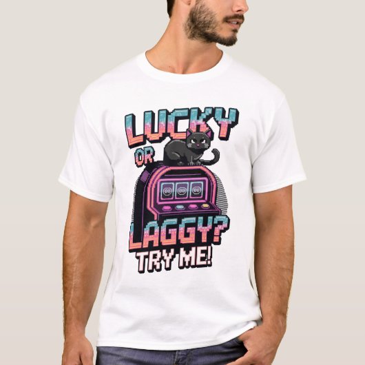 Lucky of Laggy? - Retro Pixel Cat Slot Machine T-shirt (Voorkant)