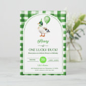 Lucky One 1st Birthday Invitation Duck & Shamrock Kaart (Staand voorkant)