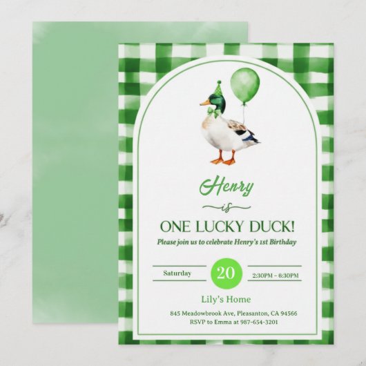 Lucky One 1st Birthday Invitation Duck & Shamrock Kaart (Voorkant / Achterkant)