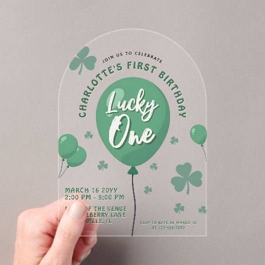 Lucky One 1st Birthday St Patricks Day Balloon Acryl Uitnodigingen (Insitu (Draagbaar))