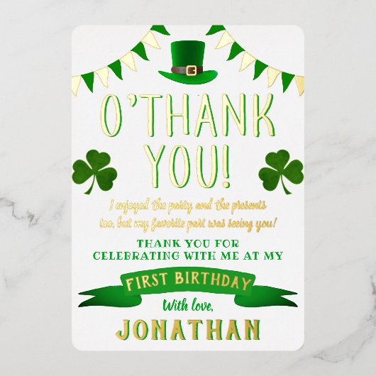 Lucky One Chalkboard 1e verjaardag Dank je wel Folie Uitnodiging (Voorkant)