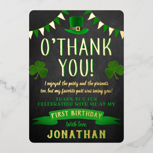 Lucky One Chalkboard 1e verjaardag Dank je wel Folie Uitnodiging (Voorkant)