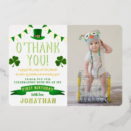 Lucky One Chalkboard 1e verjaardag Dank je wel Folie Uitnodiging (Voorkant)