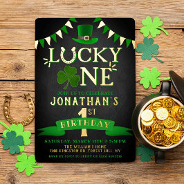 Lucky One Chalkboard 1st Birthday Real Folie Uitnodiging