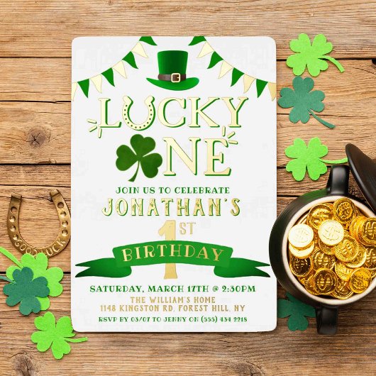 Lucky One Chalkboard 1st Birthday Real Folie Uitnodiging