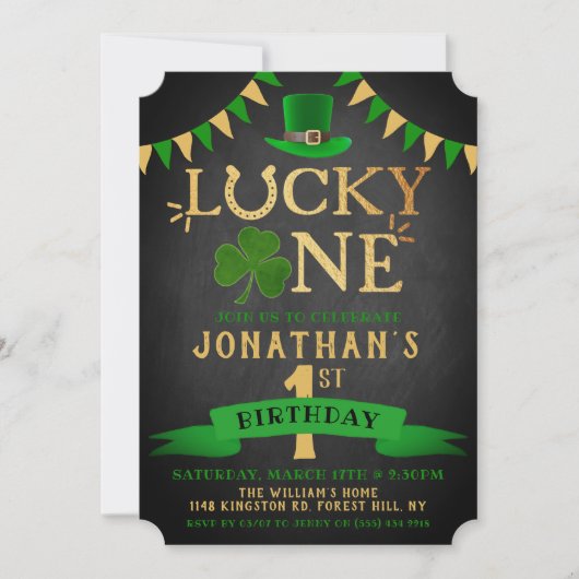 Lucky One Chalkboard 1st Birthday-uitnodigingen Kaart (Voorkant)