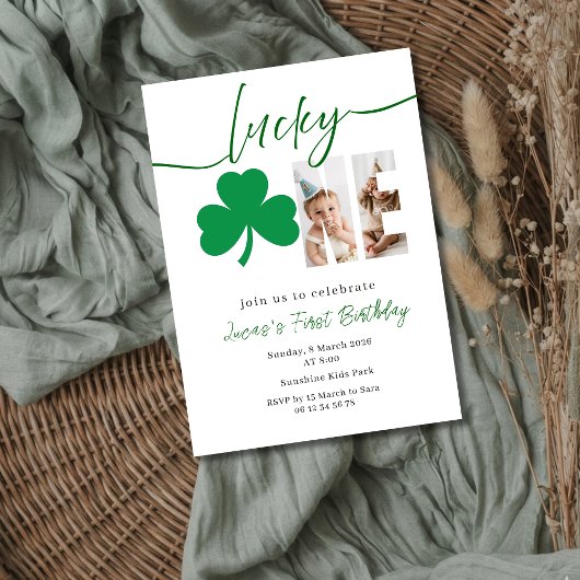Lucky One First Birthday Photo Clover Invitation Kaart