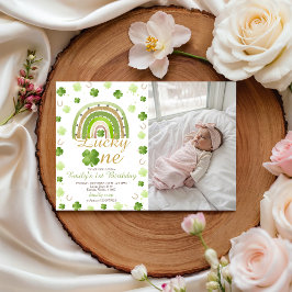 Lucky One First Birthday Photo Invitation Kaart