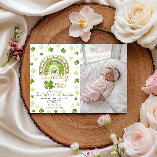 Lucky One First Birthday Photo Invitation Kaart