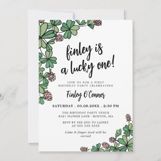 Lucky One Four Leaf Clover 1st Birthday Party Kaart (Voorkant)