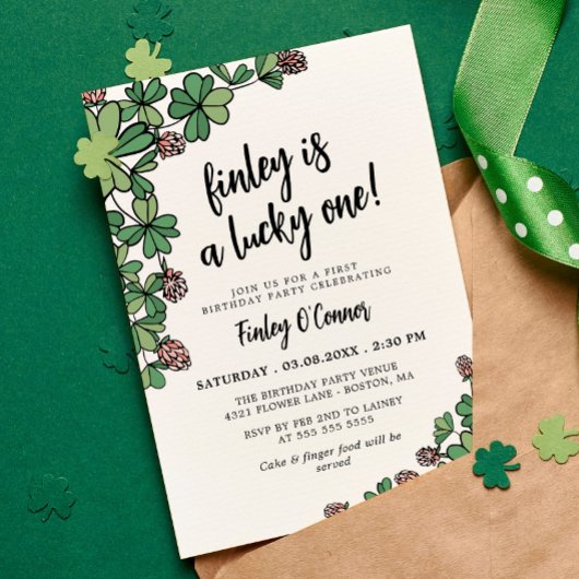 Lucky One Four Leaf Clover 1st Birthday Party Kaart