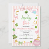 Lucky One Girl 1st Birthday Invitation Pink Gold Kaart (Voorkant)