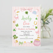 Lucky One Girl 1st Birthday Invitation Pink Gold Kaart (Staand voorkant)