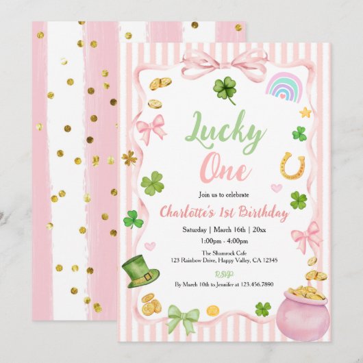 Lucky One Girl 1st Birthday Invitation Pink Gold Kaart (Voorkant / Achterkant)