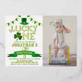 Lucky One Photo 1st Birthday Real Folie Uitnodiging (Voorkant)