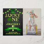 Lucky One Photo 1st Birthday Real Folie Uitnodiging (Voorkant)