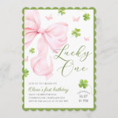 Lucky One Pink Bow 1st Birthday Invitation Kaart (Voorkant)