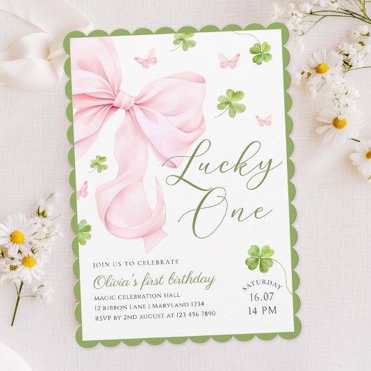 Lucky One Pink Bow 1st Birthday Invitation Kaart