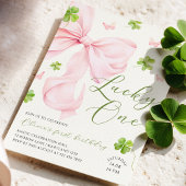 Lucky One Pink Bow 1st Birthday Invitation Kaart