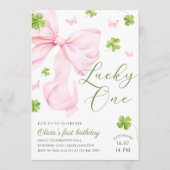 Lucky One Pink Bow 1st Birthday Invitation Kaart (Voorkant)