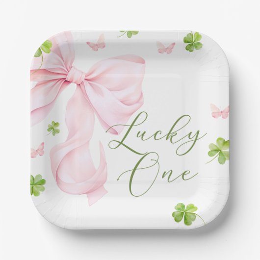 Lucky One Pink Bow 1st Birthday Papieren Bordje (Voorkant)
