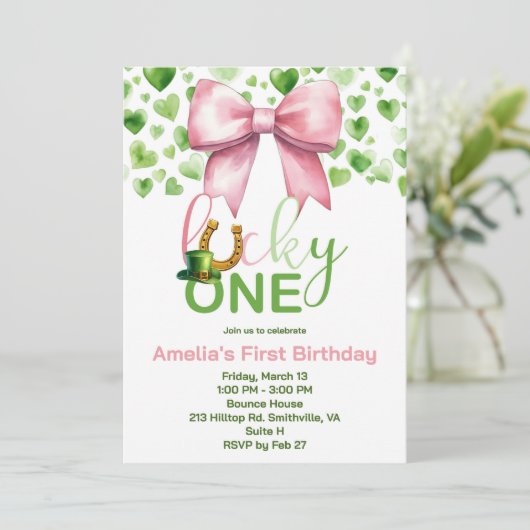 Lucky One roze en groen eerste verjaardag Kaart (Staand voorkant)