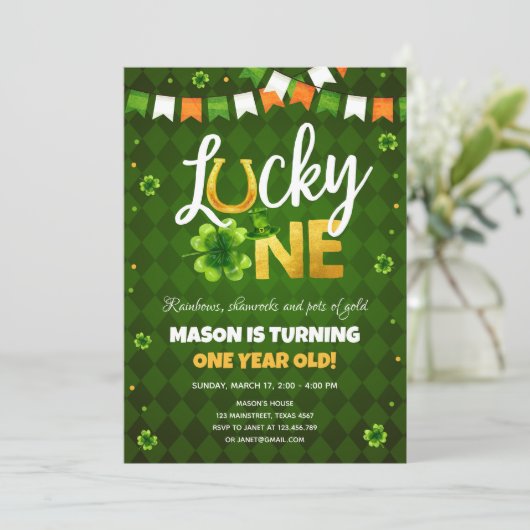 Lucky One St. Patrick's Day Boy First Birthday Inv Kaart (Staand voorkant)
