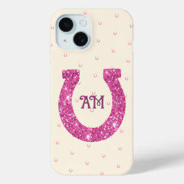 Lucky Pink Glitter Hoefijzer Naam Initialen iPhone 15 Case
