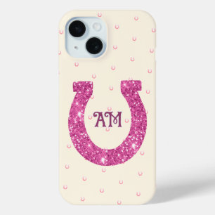 Lucky Pink Glitter Hoefijzer Naam Initialen iPhone 15 Case