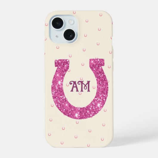 Lucky Pink Glitter Hoefijzer Naam Initialen iPhone 15 Case (Achterkant)