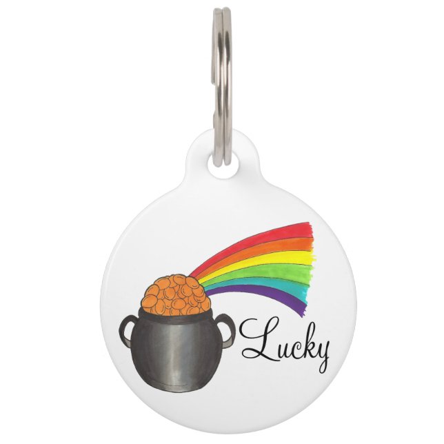 Lucky Pot of Gold Rainbow Personalized Pet Dog Lab Huisdierpenning (Voorkant)