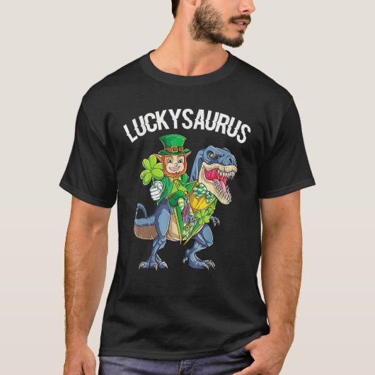 Lucky Saurus Leprechaun en Dinosaur Saints Patric T-shirt (Voorkant)
