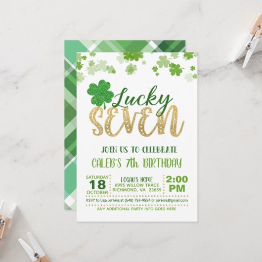 Lucky Seven Birthday Invitation Kaart (Voorkant / Achterkant in situ)