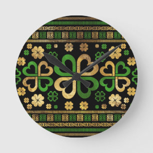Lucky Shamrock Four-leaf Clover Green en Gold Ronde Klok
