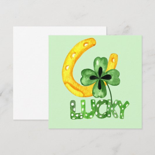 Lucky Shamrock & Hoefijzer Flat Wenskaart (Voorkant / Achterkant)