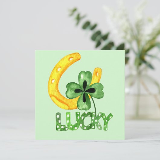 Lucky Shamrock & Hoefijzer Flat Wenskaart (Staand voorkant)