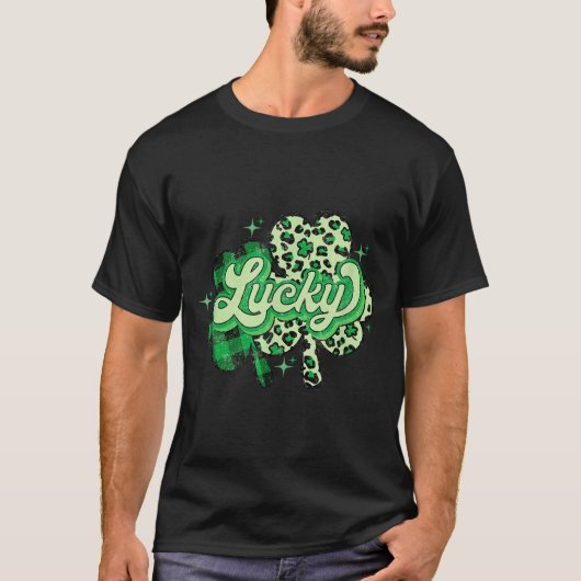 Lucky Shamrock Leopard,checkered Patricks Day Funn T-shirt (Voorkant)