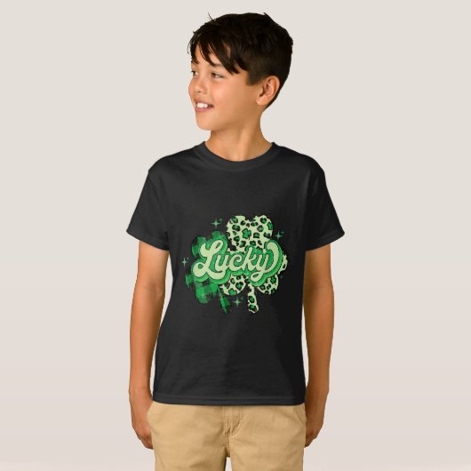 Lucky Shamrock Leopard,checkered Patricks Day Funn T-shirt (Voorkant volledig)