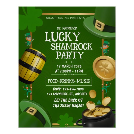 Lucky Shamrock Party St. Paddy's Day Customizable Perfect Poster (Voorkant)